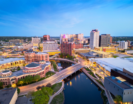 Rochester, Minnesota, USA cityscape on the Zumbro River at blue hour.