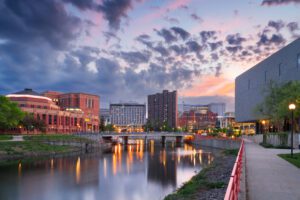 Rochester, Minnesota, USA Cityscape on the Zumbro River